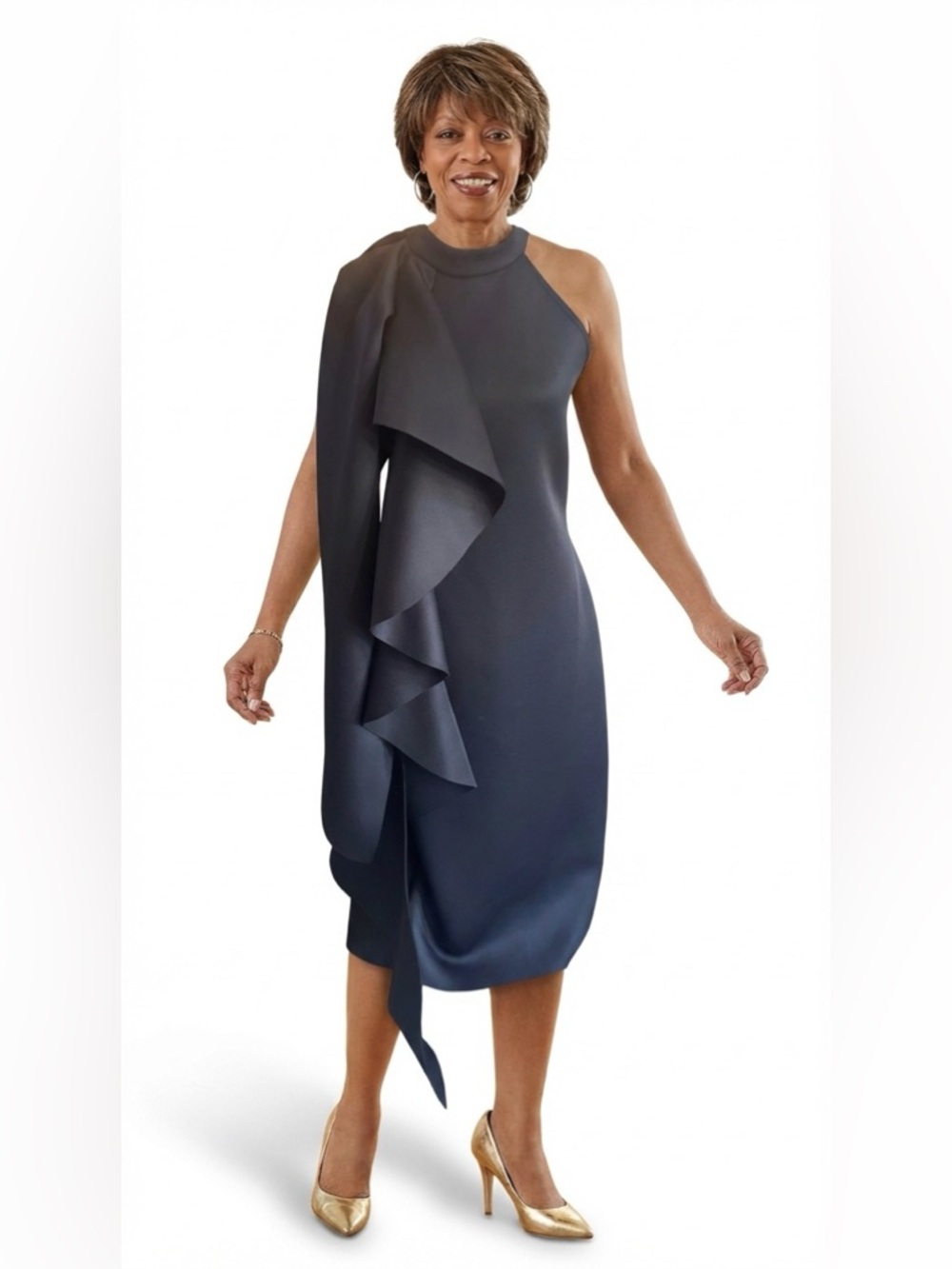 Elegant Black One-Shoulder Ruffle Midi Dress – Statement Formal Wear
